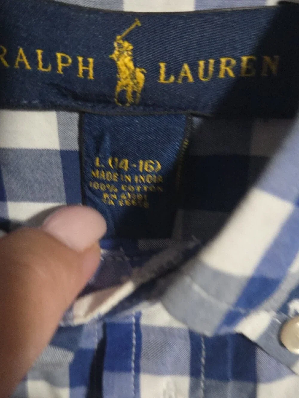 Ralph Lauren Blue & White Gingham Button-Down Shirt Boys 14/16 Large